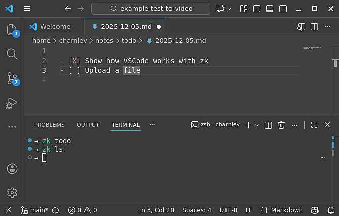 VSCode using zk in the terminal to search notes